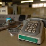 Ancienne machine à écrire grisâtre sur un bureau, clavier et câble visibles